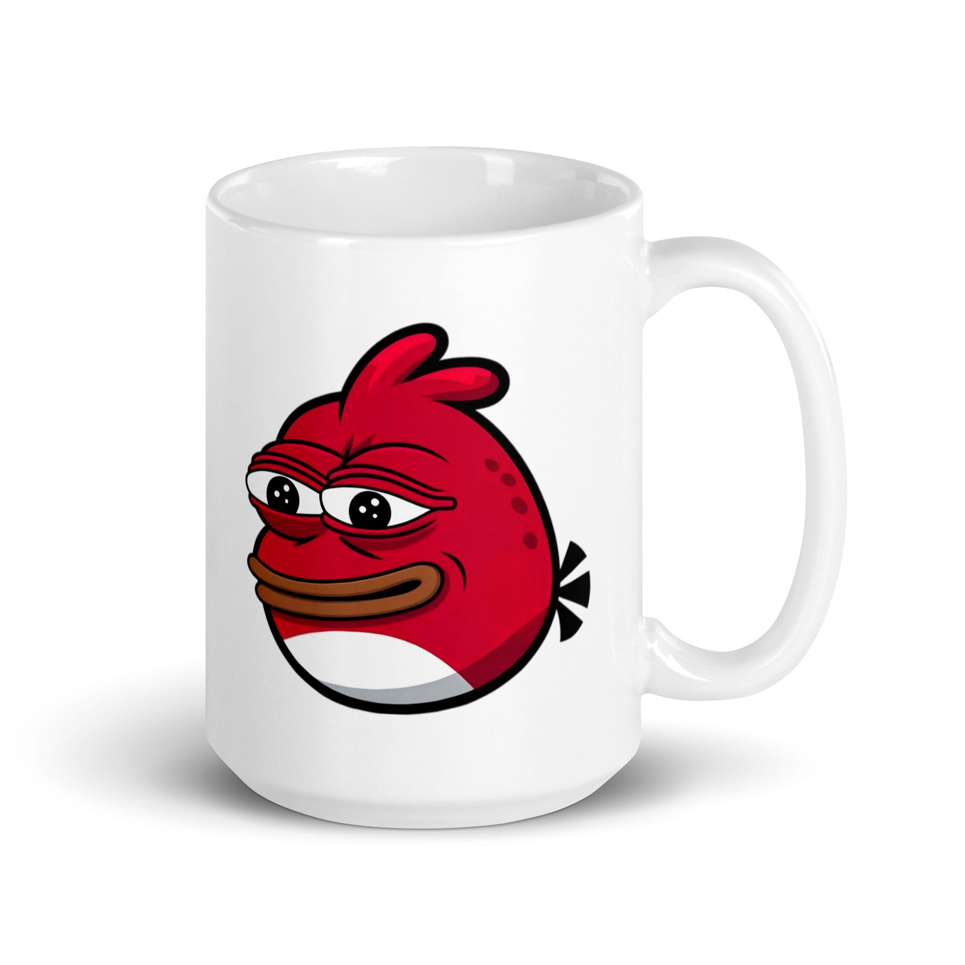 Larger-sized Angry Pepe Mug (15oz), showcasing Pepe the Frog morphed into an angry red bird, bringing pure meme energy, printed on high-quality ceramic drinkware for chaotic gamers and meme addicts.