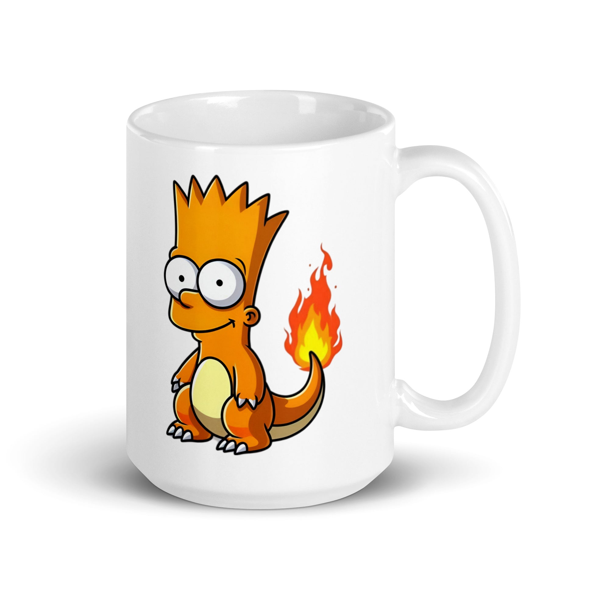 Larger-sized Bartmander Mug (15oz), showcasing Bart Simpson transformed into a fire-type Pokémon, bringing maximum mischief energy, printed on high-quality ceramic drinkware for chaos-loving fans.
