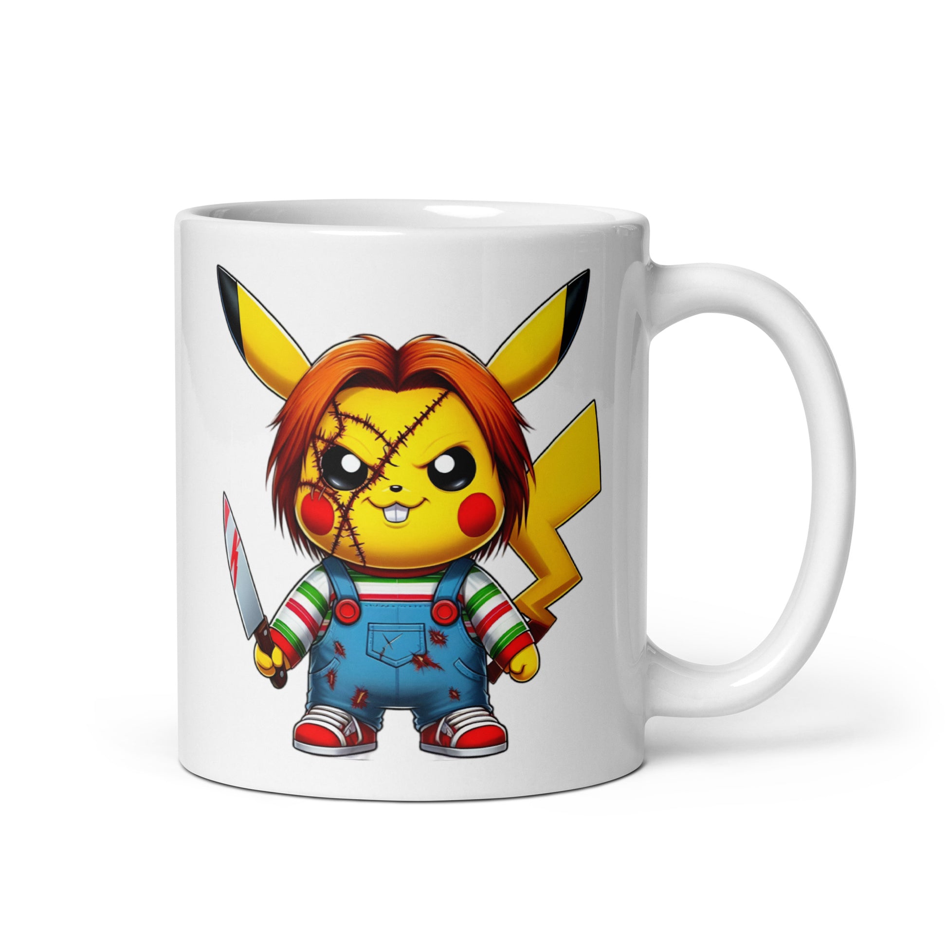 11oz mug featuring Chuckachu, a Pikachu and Chucky meme mashup, the ultimate Pokémon horror crossover, handle on the right.