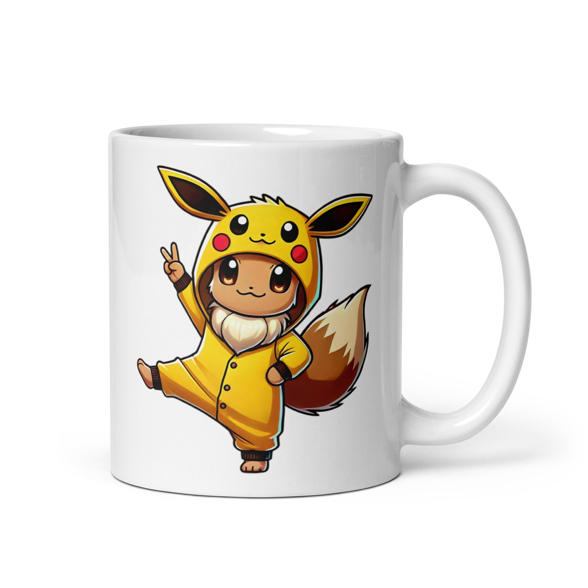 Close-up of the left side of the Eevee in a Pikachu Onesie Mug (11oz), featuring Eevee dressed in a full Pikachu onesie, printed on a high-quality ceramic coffee cup for Pokémon fans and cozy gamers.