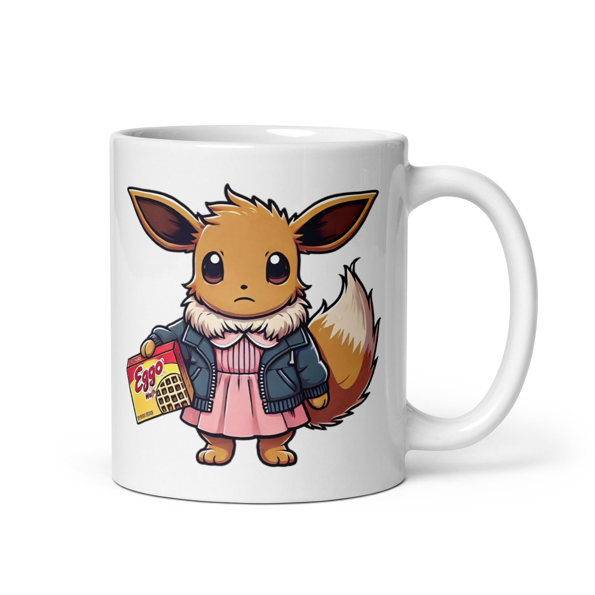 ProduClose-up of the left side of the Eeveleven Mug (11oz), featuring Eevee transformed into Eleven from Stranger Things, rocking a intense expression, and psychic powers, printed on a high-quality ceramic coffee cup for Pokémon and Netflix fans.