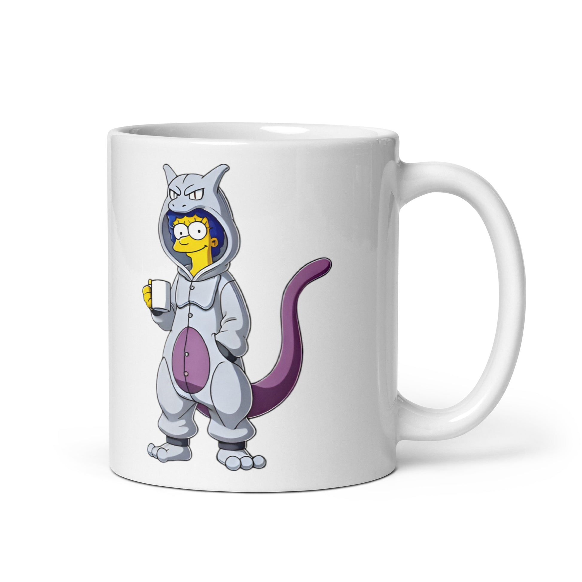 Close-up of the left side of the MargeMew Mug (11oz), featuring Marge Simpson dressed in a Mewtwo kigurumi onesie, printed on a high-quality ceramic coffee cup for Pokémon and animation fans.