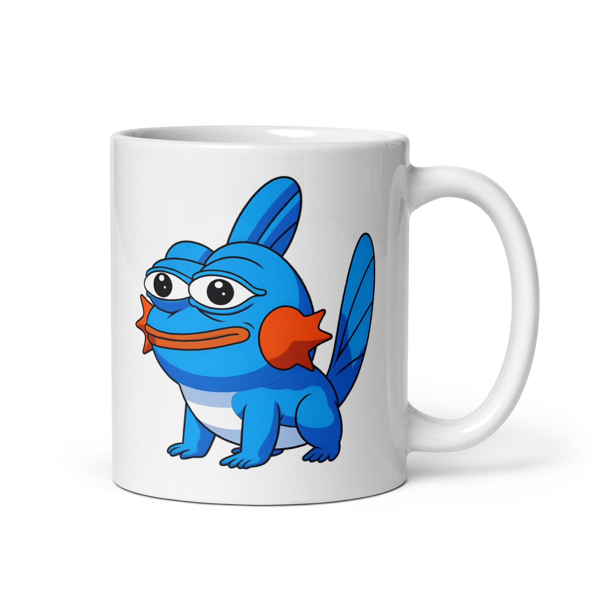 11oz mug featuring MudFrog, a Mudkip and Pepe meme mashup, handle on the right.