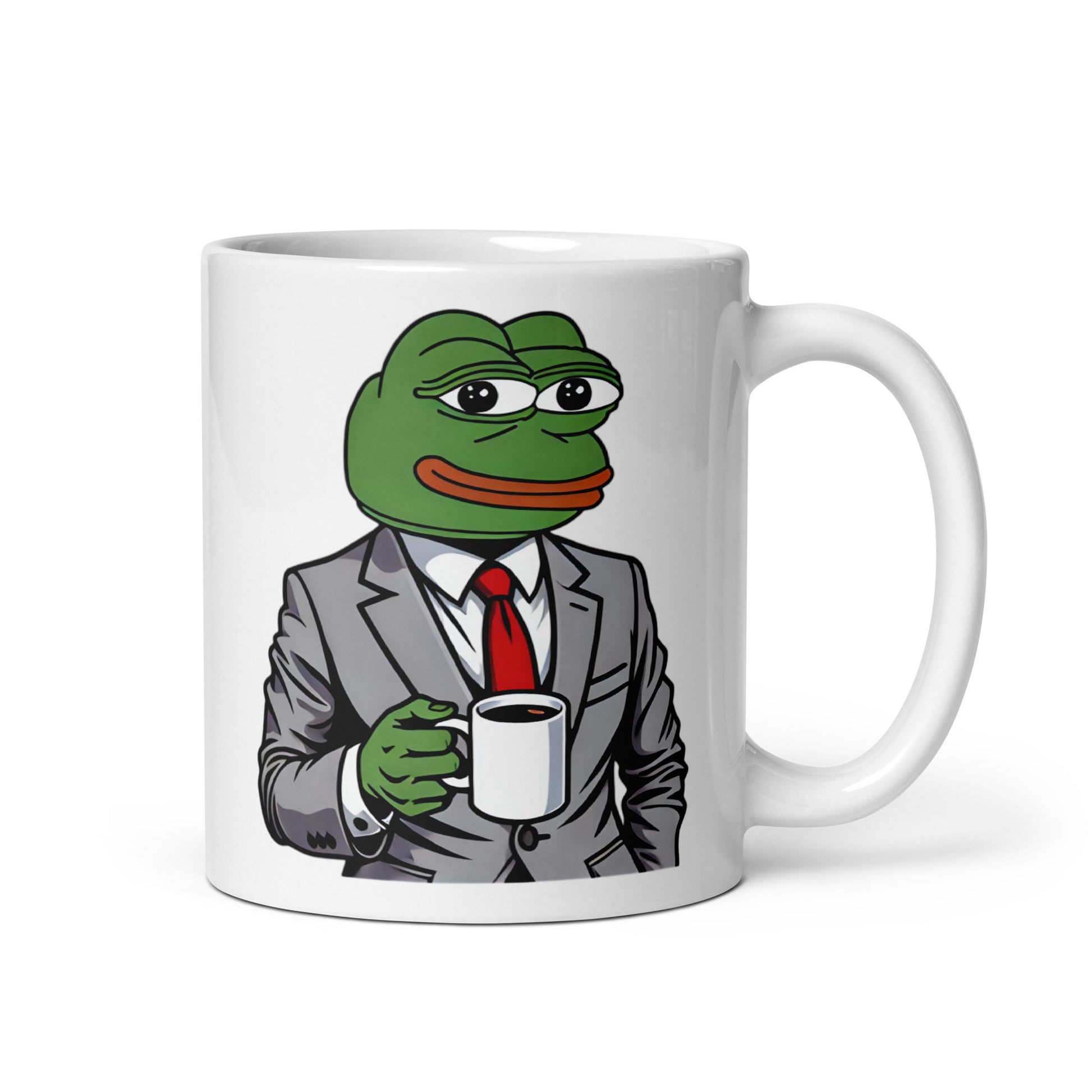 Close-up of the left side of the Pepe the Frog Businessman Mug (11oz), featuring Pepe dressed in a sharp suit, embodying meme-worthy corporate confidence, printed on a high-quality ceramic coffee cup for internet culture fans.