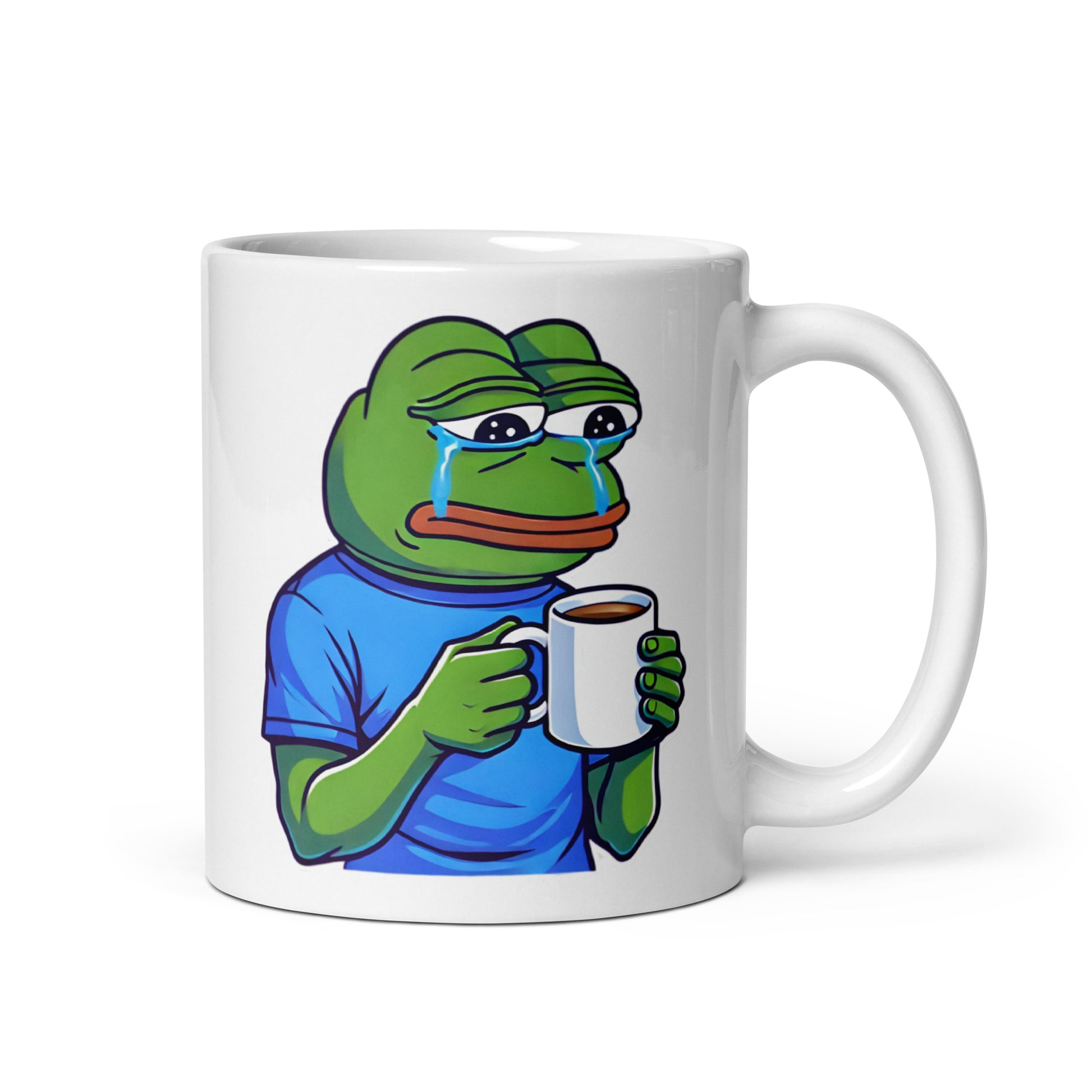 Close-up of the left side of the Pepe the Frog Crying Mug (11oz), featuring Pepe holding a white mug with tears in his eyes, embodying meme-worthy sadness and coffee-fueled existential dread, printed on a high-quality ceramic coffee cup for meme lovers.