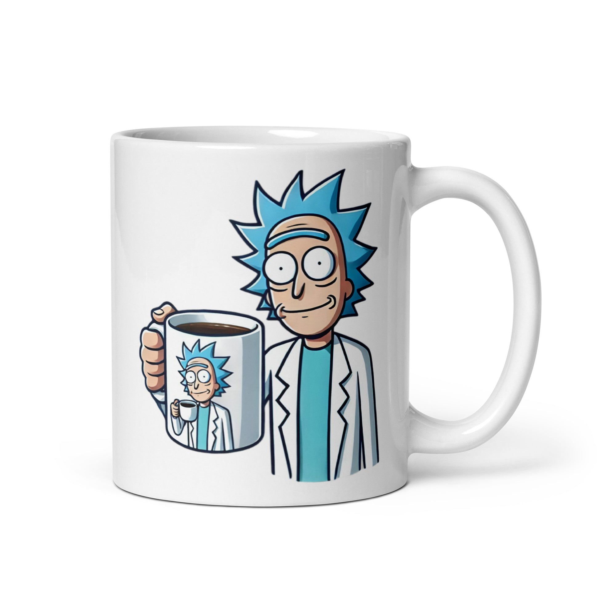 Close-up of the left side of the Meta Rick Sanchez Mug (11oz), featuring Rick holding a coffee mug that recursively contains the same Rick over and over, printed on a high-quality ceramic coffee cup for sci-fi and meme fans.