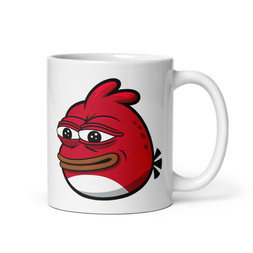 Close-up of the left side of the Angry Pepe Mug (11oz), featuring Pepe the Frog fused with a furious red Angry Bird, printed on a high-quality ceramic coffee cup for meme lovers and gaming enthusiasts.