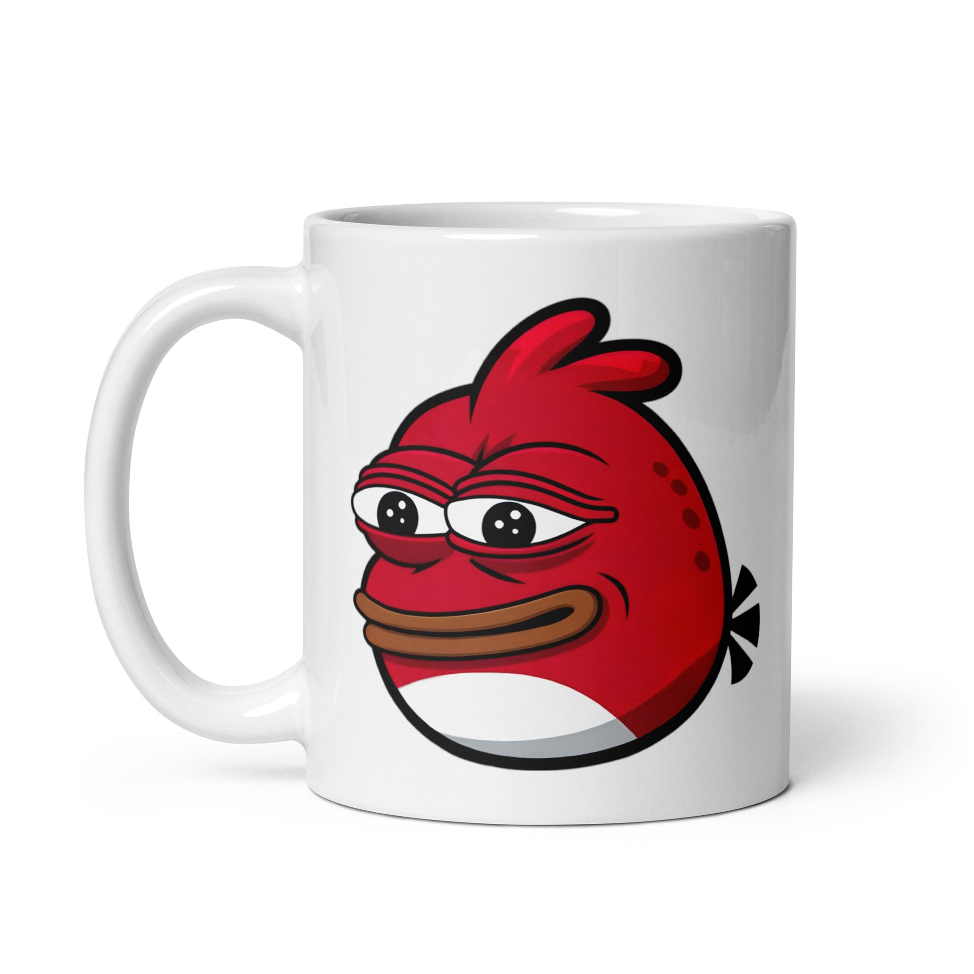Close-up of the right side of the Angry Pepe Mug (11oz), featuring Pepe the Frog in full Angry Bird form, proving that sometimes rage is the only response, printed on a meme-worthy coffee cup.