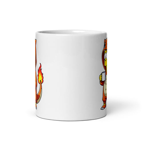 Front view of the Bartmander Mug (11oz), featuring Bart Simpson in full Charmander kigurumi mode, proving that sometimes setting things on fire (metaphorically) is the correct lifestyle choice, printed on a novelty coffee cup for lovers of Pokémon and animated chaos.
