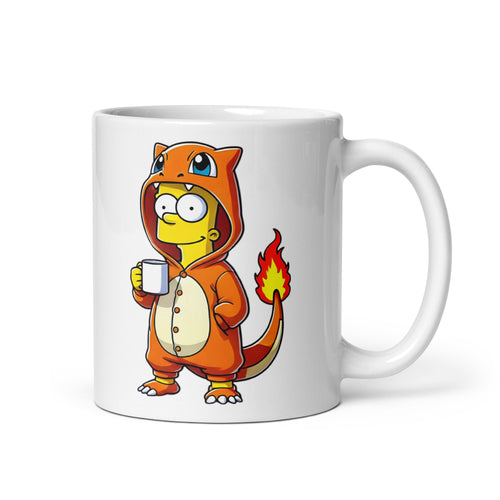 Close-up of the left side of the Bartmander Mug (11oz), featuring Bart Simpson dressed in a Charmander kigurumi onesie, printed on a high-quality ceramic coffee cup for fans of Pokémon and iconic animated characters.