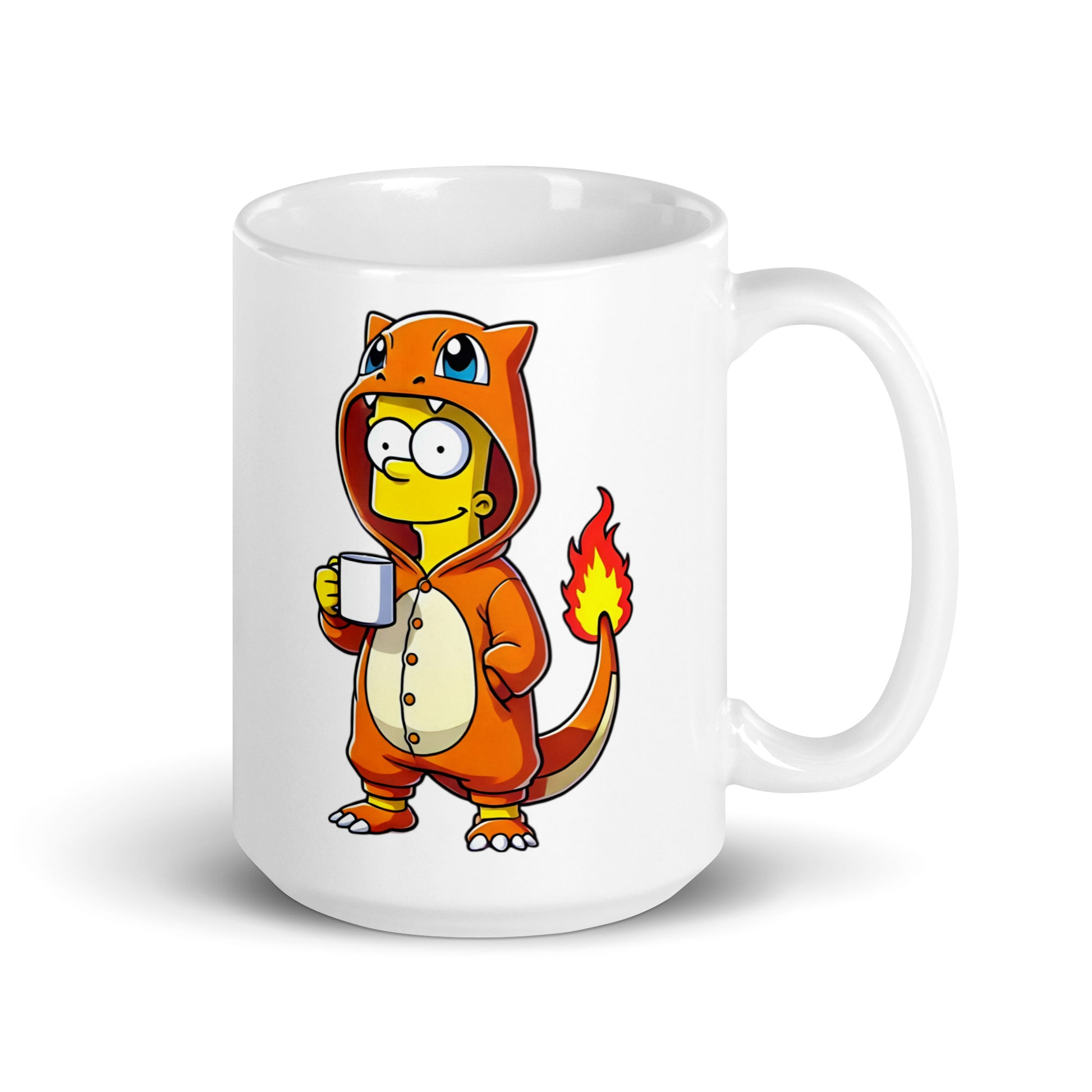 Larger-sized Bartmander Mug (15oz), featuring Bart Simpson dressed as Charmander, bringing maximum fire-type energy & legendary sarcasm, printed on high-quality ceramic drinkware for troublemakers.