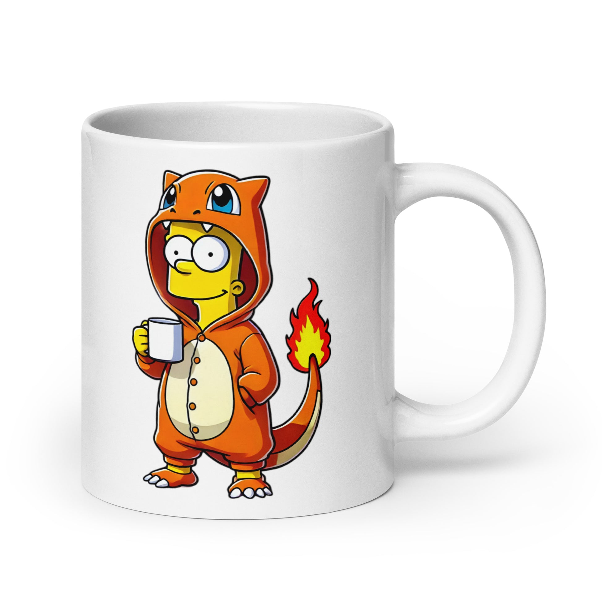 Extra-large Bartmander Mug (20oz), featuring Bart Simpson lounging in a Charmander kigurumi onesie, proving that sometimes being a little reckless is the key to fun, printed on an oversized novelty coffee cup for meme lovers and fire-type enthusiasts.