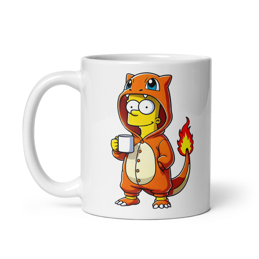 Close-up of the right side of the Bartmander Mug (11oz), showcasing Bart Simpson rocking a Charmander onesie, blending Pokémon aesthetics with his natural troublemaker energy, printed on a meme-worthy coffee cup.