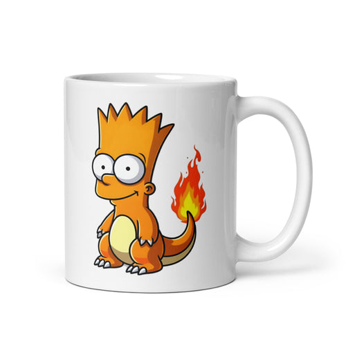 Close-up of the left side of the Bartmander Mug (11oz), featuring Bart Simpson’s head seamlessly fused onto Charmander’s body, printed on a high-quality ceramic coffee cup for meme lovers and Pokémon fans.