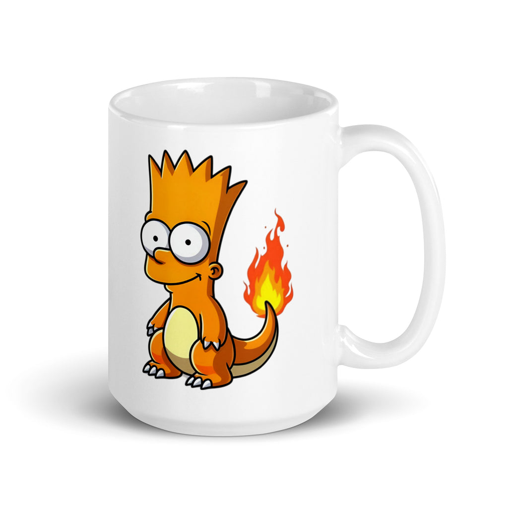 Larger-sized Bartmander Mug (15oz), showcasing Bart Simpson transformed into a fire-type Pokémon, bringing maximum mischief energy, printed on high-quality ceramic drinkware for chaos-loving fans.