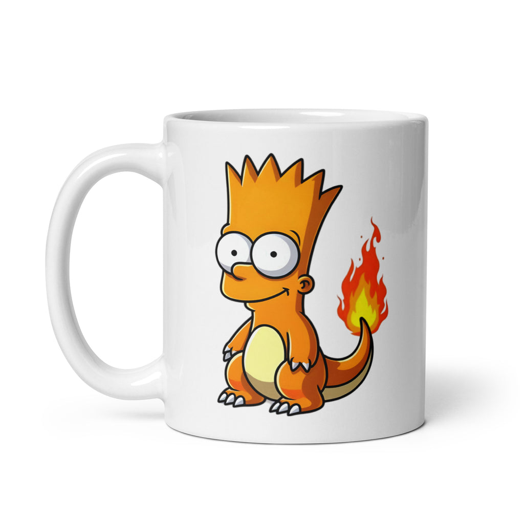 Close-up of the right side of the Bartmander Mug (11oz), featuring Bart Simpson’s unmistakable face fused onto Charmander’s body, proving that sometimes fire-types just want to break the rules, printed on a meme-worthy coffee cup.