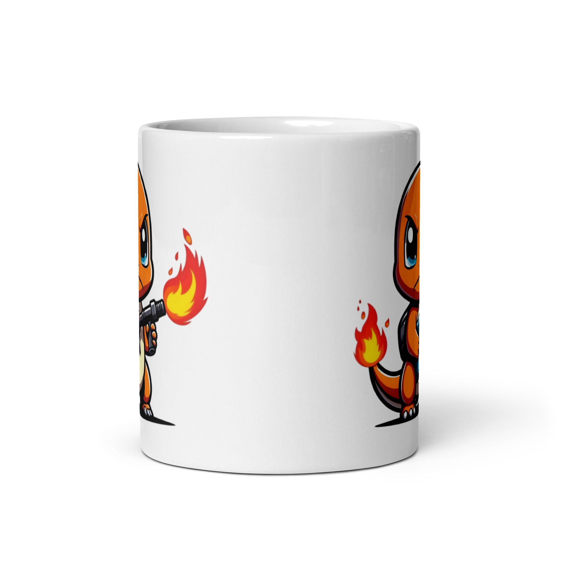Front view of the Charmaggedon Charmander Mug (11oz), showcasing Charmander with a flamethrower in a bold center design, proving that Flamethrower is not just a move—it’s a way of life, printed on a novelty coffee cup for chaotic Pokémon fans.