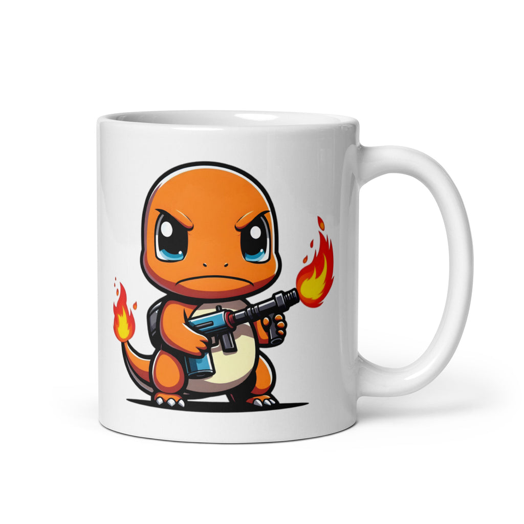 Close-up of the left side of the Charmaggedon Charmander Mug (11oz), featuring Charmander holding a flamethrower, proving that sometimes cute Pokémon get triggered, printed on a high-quality ceramic coffee cup for meme lovers and trainers who embrace destruction.