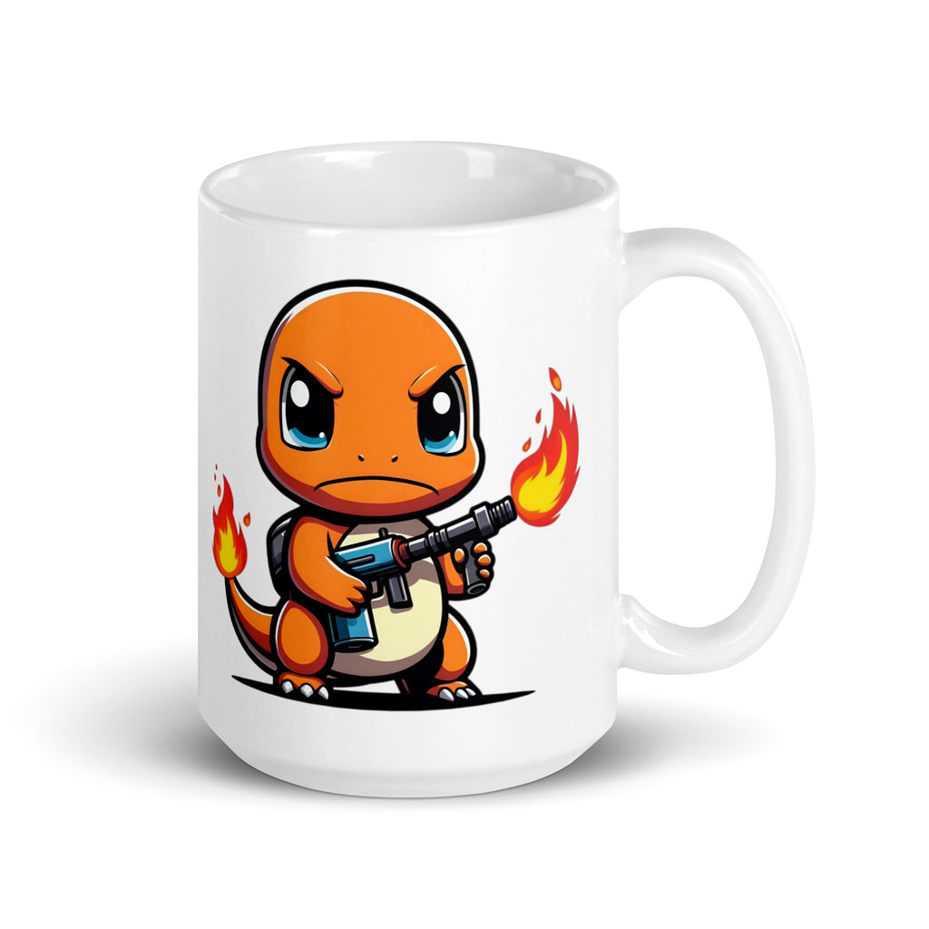 Larger-sized Charmaggedon Charmander Mug (15oz), featuring Pokémon’s most fire-obsessed moment, where Charmander ditched cute starter vibes and fully embraced pyromania, printed on high-quality ceramic drinkware for fearless trainers.