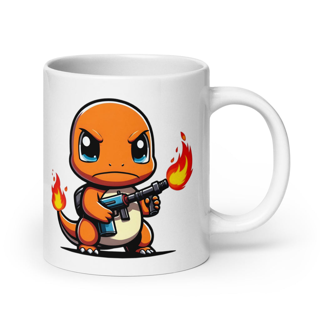 Extra-large Charmaggedon Charmander Mug (20oz), showcasing Charmander wielding a flamethrower with zero regrets, proving that sometimes Pokémon battles require heavy artillery, printed on an oversized novelty coffee cup for meme addicts and chaos-loving fans.