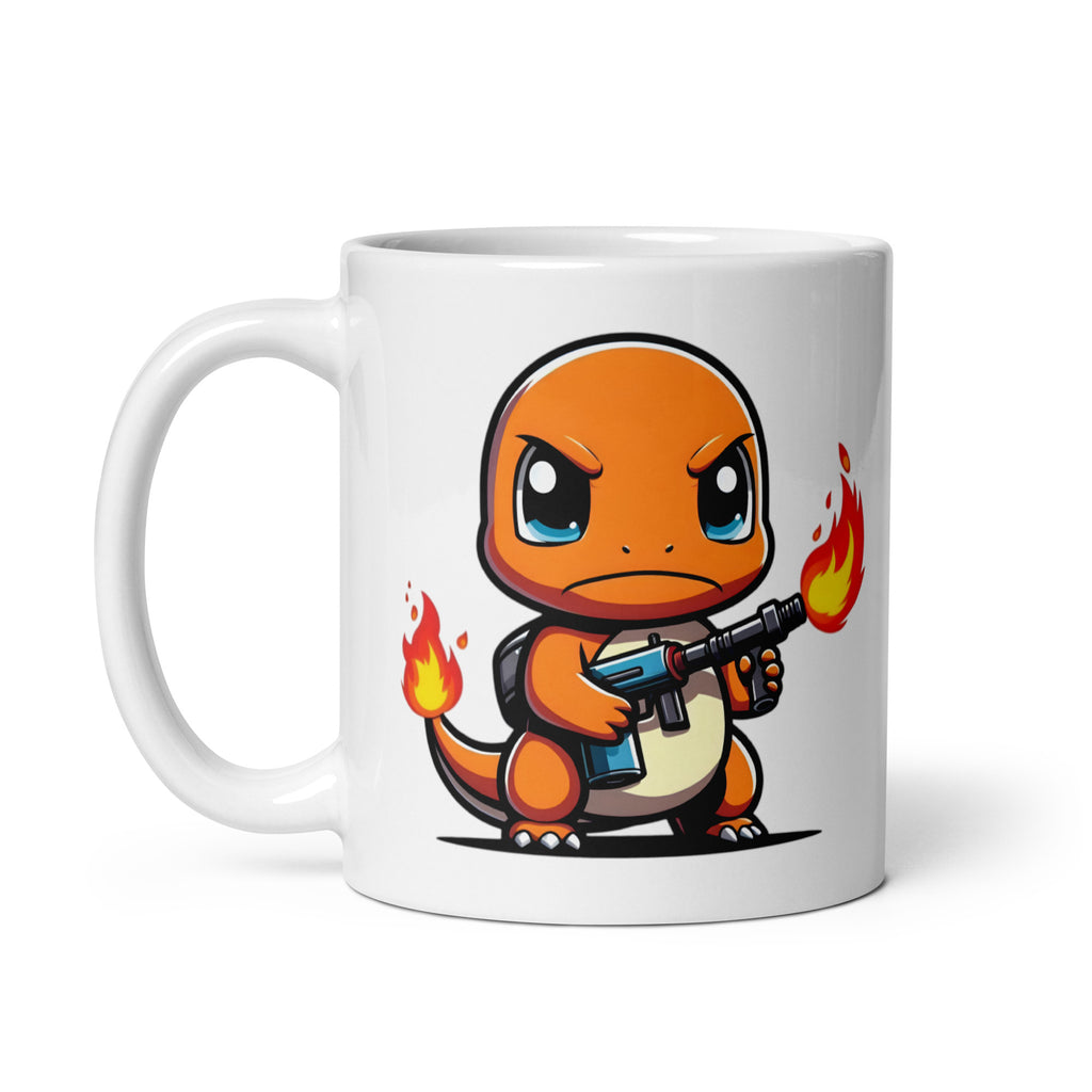 Close-up of the right side of the Charmaggedon Charmander Mug (11oz), featuring Charmander wielding a flamethrower like he has serious unfinished business, printed on a meme-worthy Pokémon mashup coffee cup.