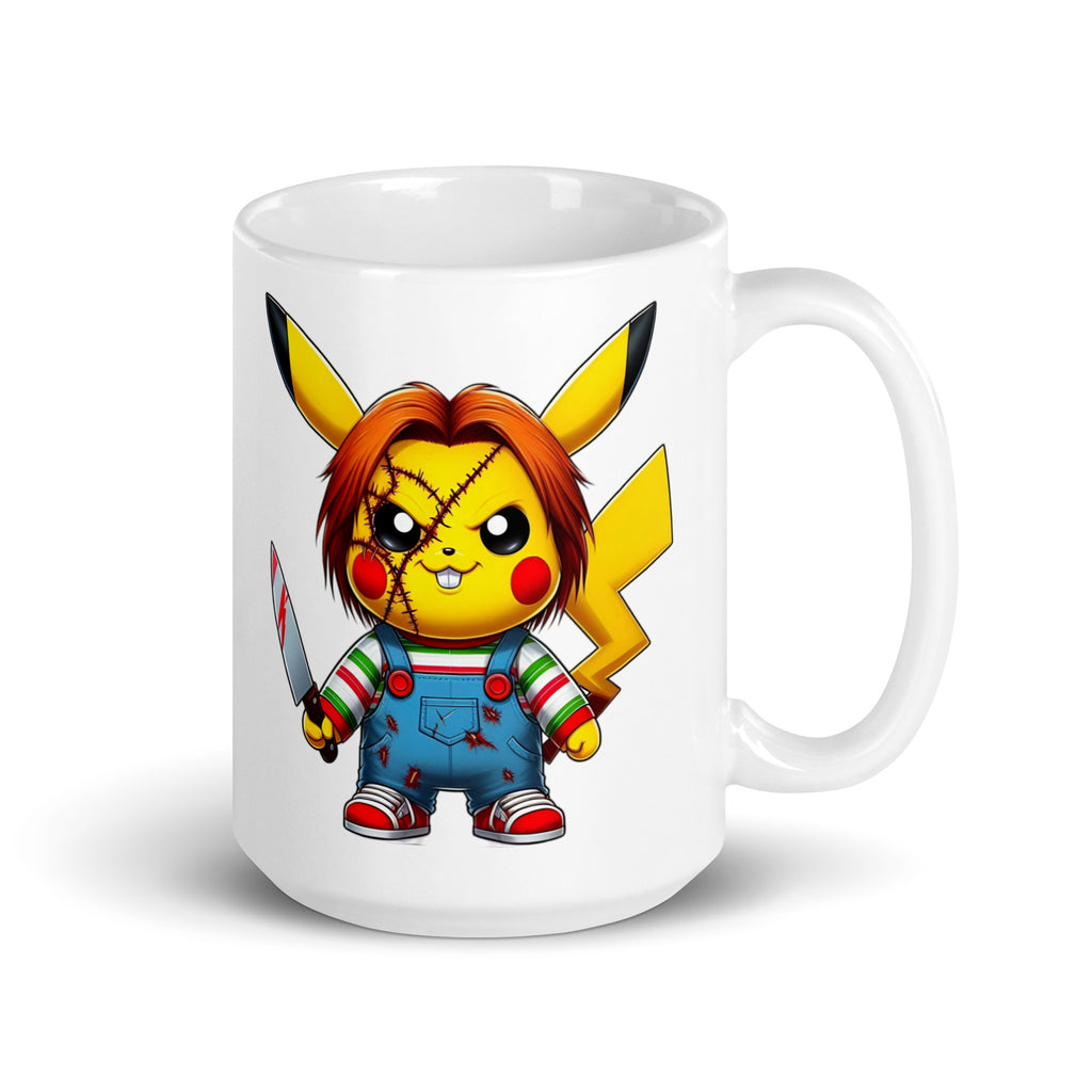 15oz mug featuring Chuckachu, Pikachu turned horror meme icon, merging Pokémon electricity with Chucky’s slasher menace, handle on the right.