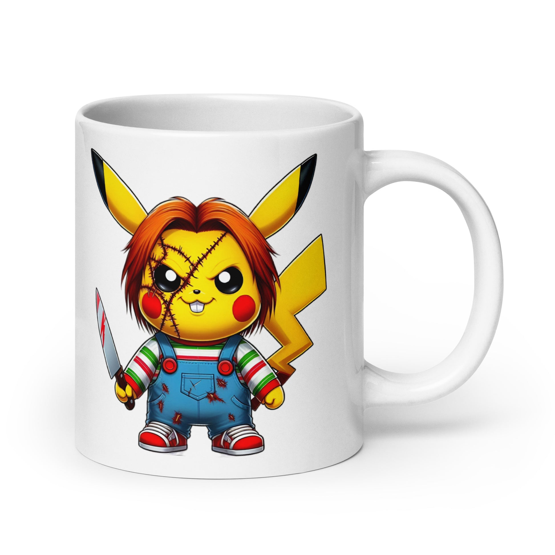 20oz mug with the unmistakable Chuckachu meme fusion, Pikachu meeting Child’s Play terror, the Pokémon horror mashup nobody expected, handle on the right.