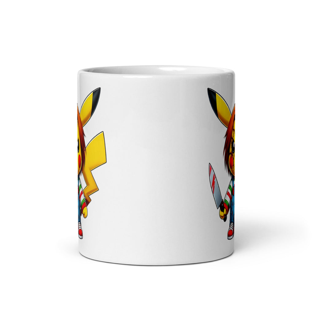 11oz mug showcasing Chuckachu, the terrifying fusion of Pikachu and Chucky, blending Pokémon nostalgia with meme horror, front view with glimpses of the design on both sides.