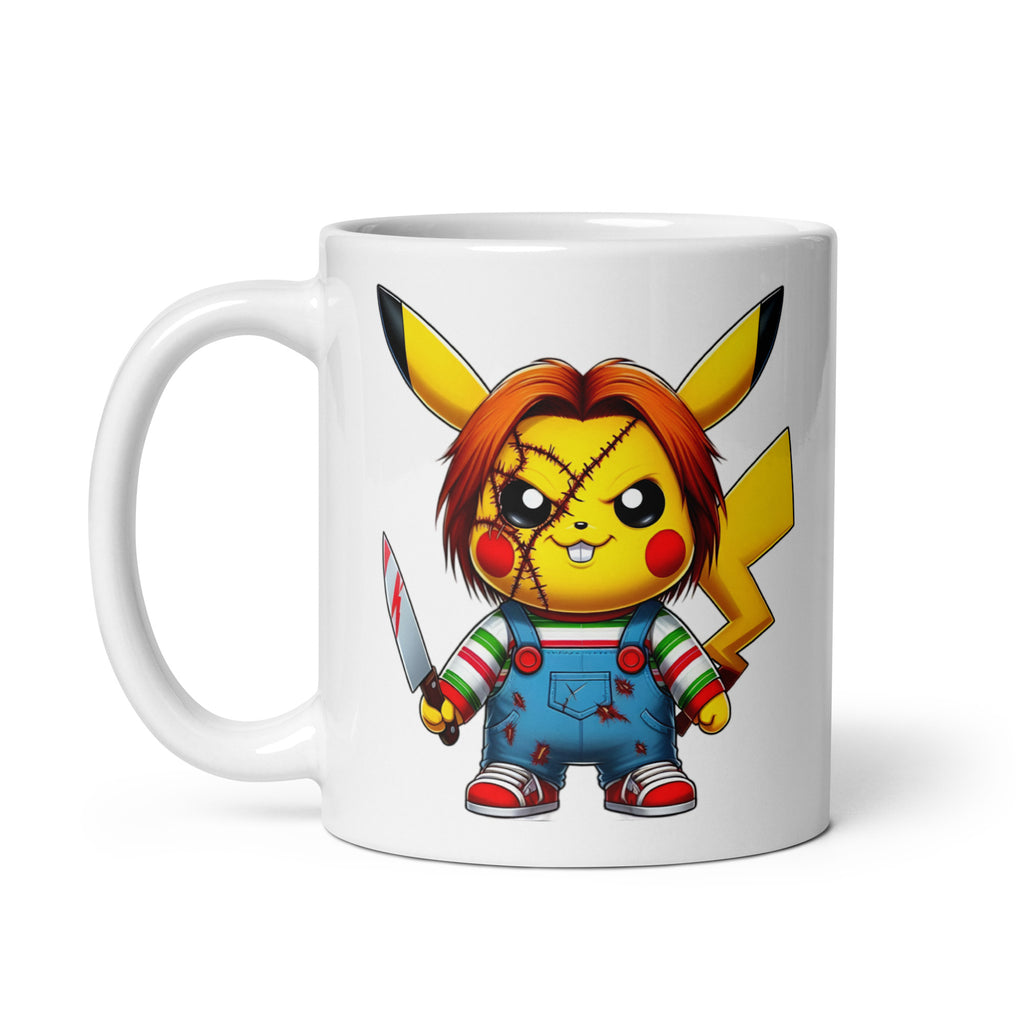 11oz mug with Chuckachu artwork, the Pokémon x Chucky meme crossover, Pikachu transformed into pure nightmare fuel, handle on the left.