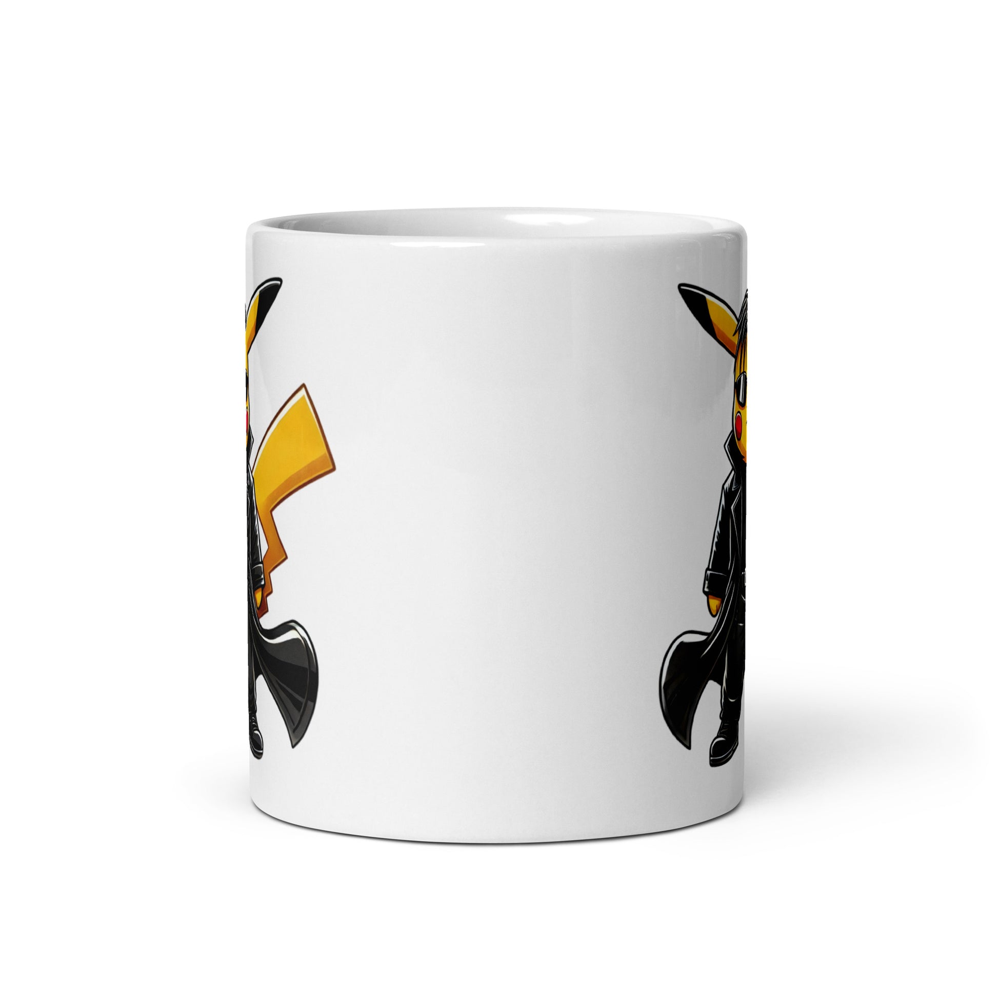 Front view of cool Pikachu Neo mug showing design on both sides – funny Matrix-inspired anime coffee cup
