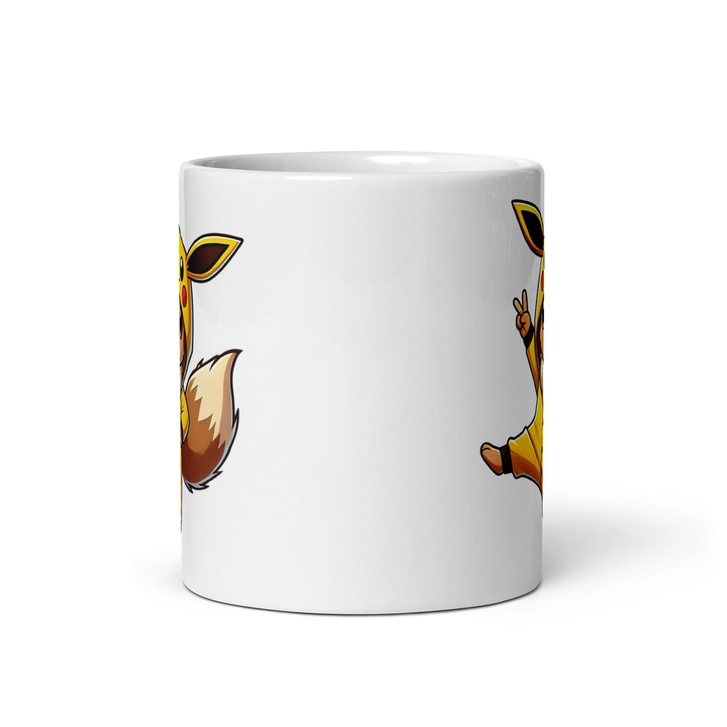 Front view of the Eevee in a Pikachu Onesie Mug (11oz), showcasing Eevee rocking a Pikachu onesie, proving that sometimes style is more important than evolution, printed on a novelty coffee cup for Pokémon collectors.