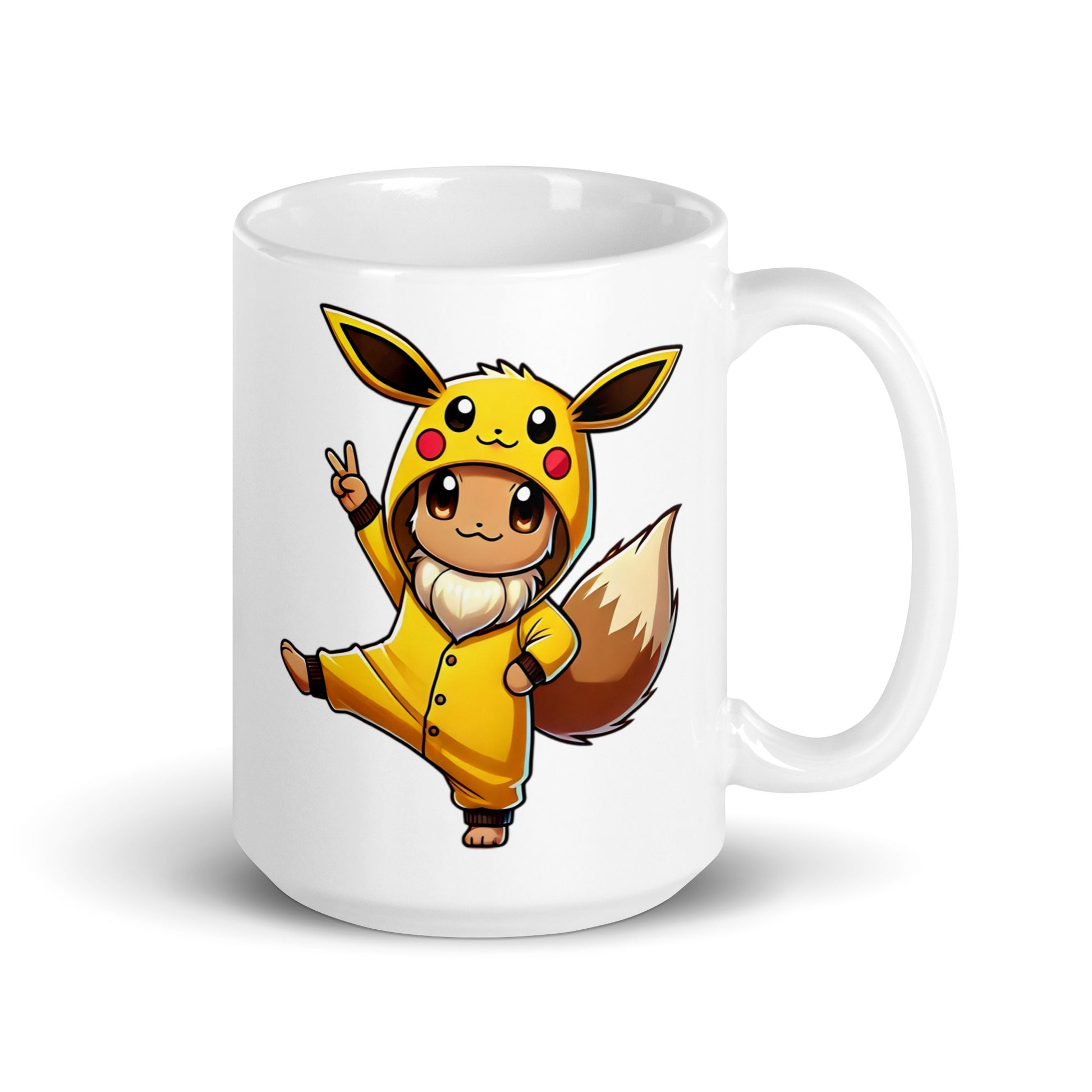 Larger-sized Eevee in a Pikachu Onesie Mug (15oz), featuring Eevee wearing a Pikachu onesie, proving that sometimes the best transformations are just great fashion choices, printed on high-quality ceramic drinkware for cozy fandom lovers.