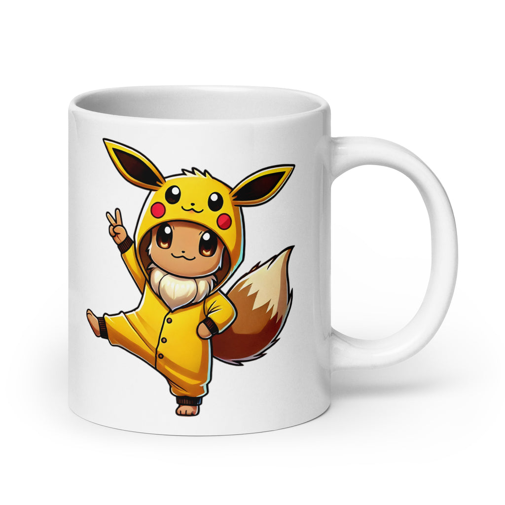 Extra-large Eevee in a Pikachu Onesie Mug (20oz), featuring Eevee dressed head-to-tail in a Pikachu onesie, proving that sometimes Pokémon just want to be cozy too, printed on an oversized novelty coffee cup for Pokémon fans and kigurumi lovers.