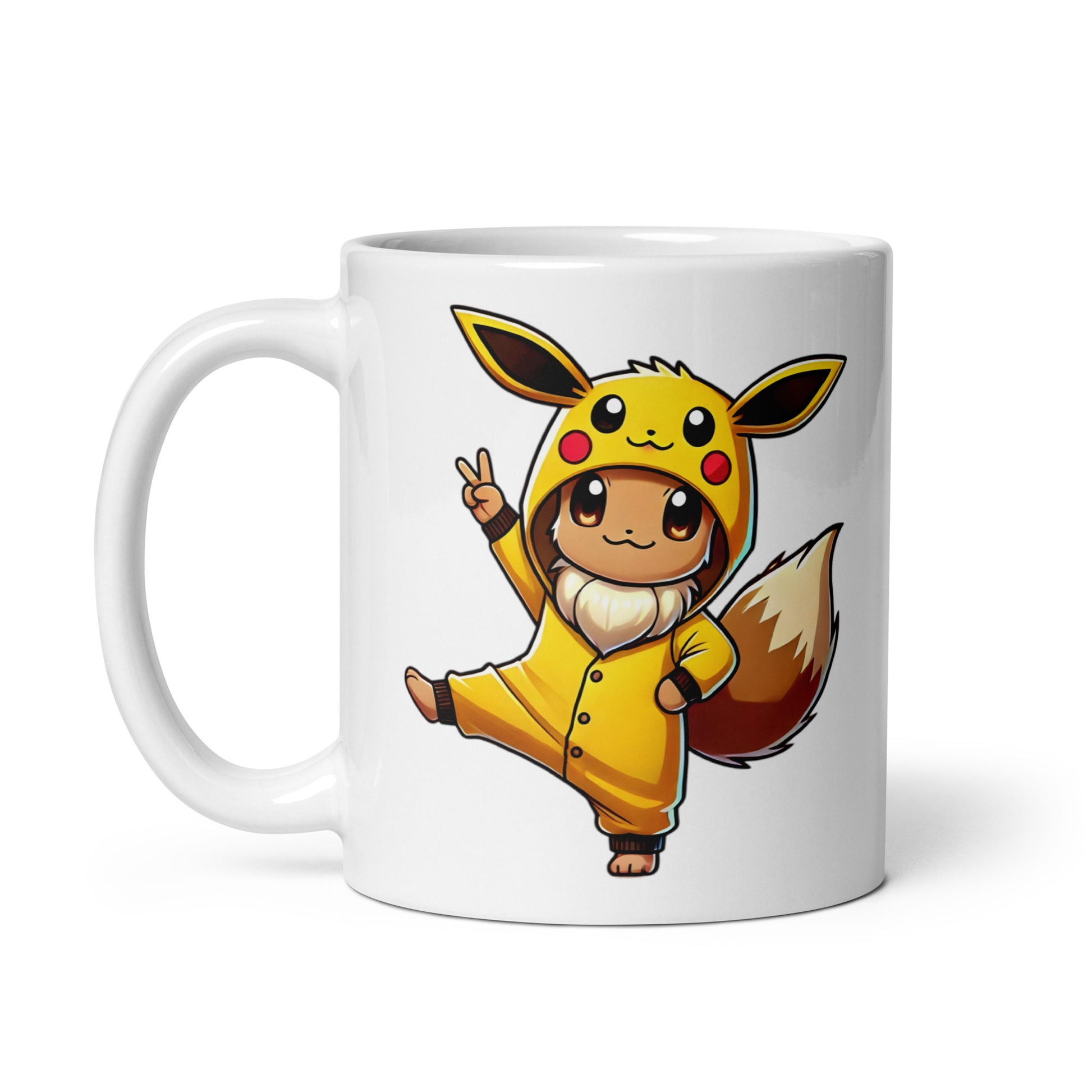 Close-up of the right side of the Eevee in a Pikachu Onesie Mug (11oz), featuring Eevee fully suited up in a Pikachu onesie, blending Pokémon cuteness with kigurumi coziness, printed on a meme-worthy coffee cup.