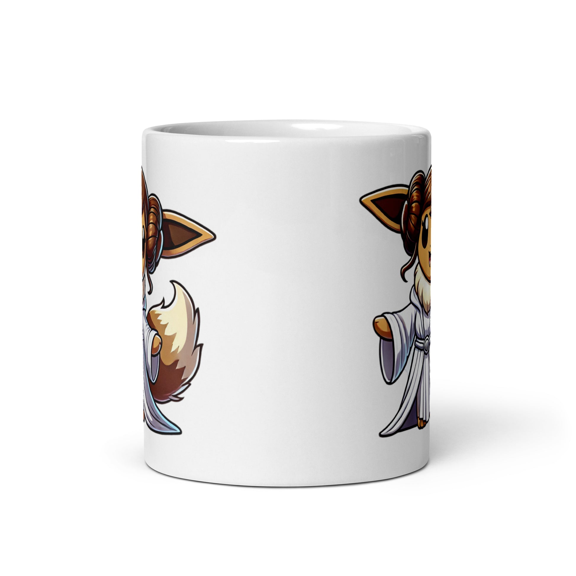 Front view of the Eevee-Leia Mug (11oz), showcasing Eevee in full Princess Leia-inspired attire, proving that sometimes cuteness and bravery go hand in hand, printed on a novelty coffee cup for sci-fi and Pokémon lovers.