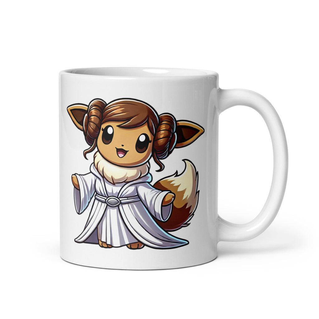 Close-up of the left side of the Eevee-Leia Mug (11oz), featuring Eevee dressed as Princess Leia, wearing the classic white robe and iconic hairstyle, printed on a high-quality ceramic coffee cup for Pokémon and Star Wars fans.