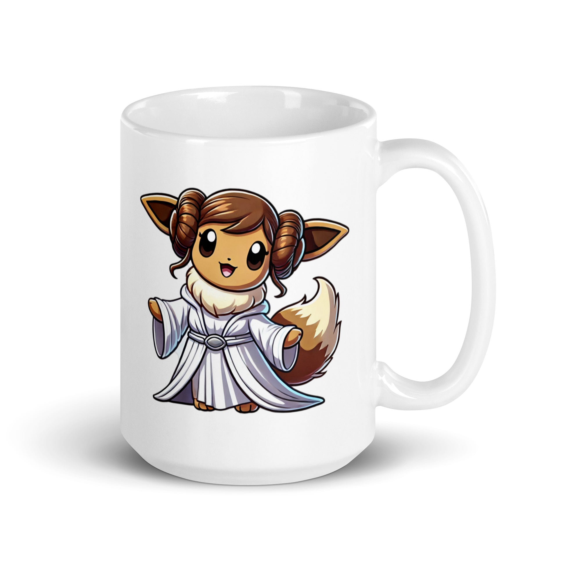 Larger-sized Eevee-Leia Mug (15oz), featuring Eevee dressed as Princess Leia, bringing maximum space-faring energy and Pokémon cuteness, printed on high-quality ceramic drinkware for fandom lovers.
