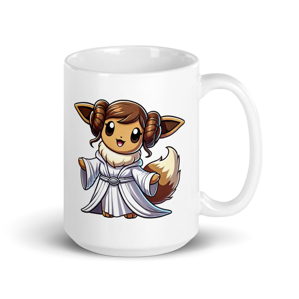 Larger-sized Eevee-Leia Mug (15oz), featuring Eevee dressed as Princess Leia, bringing maximum space-faring energy and Pokémon cuteness, printed on high-quality ceramic drinkware for fandom lovers.