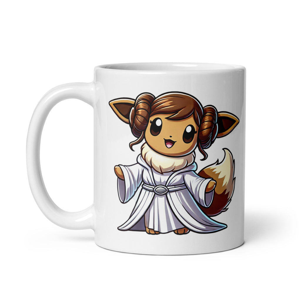 Close-up of the right side of the Eevee-Leia Mug (11oz), featuring Eevee rocking Princess Leia’s iconic look, blending intergalactic wisdom with Pokémon charm, printed on a meme-worthy coffee cup.