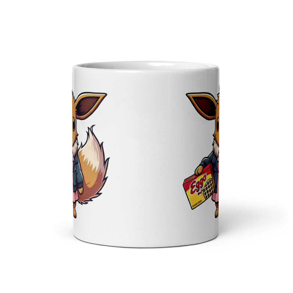 Front view of the Eeveleven Mug (11oz), showcasing Eevee with psychic abilities, dressed as Eleven, proving that evolution isn’t the only way to gain power, printed on a novelty coffee cup for fans of Pokémon and sci-fi mashups.