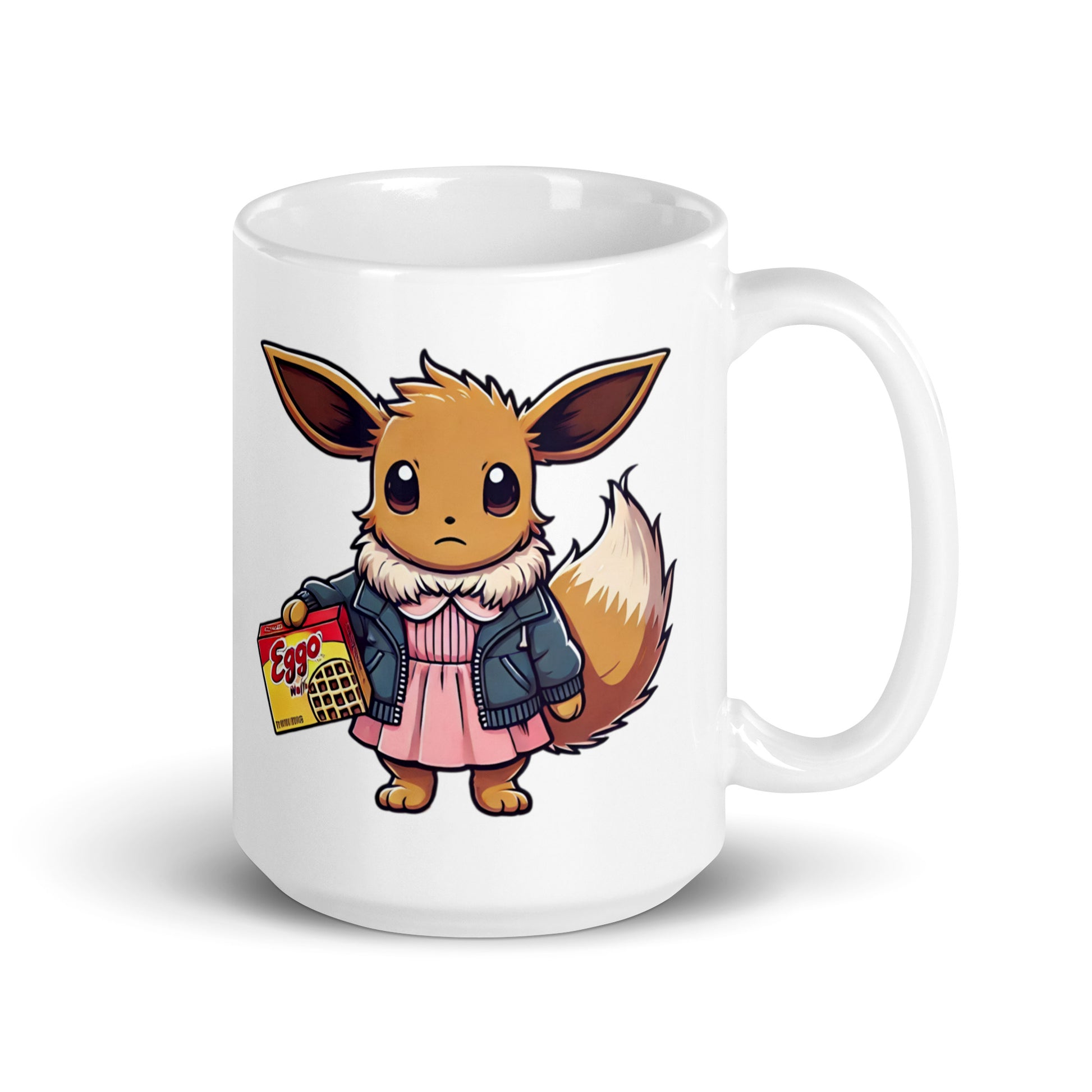Larger-sized Eeveleven Mug (15oz), showcasing Pokémon’s most unexpected crossover moment, where Eevee gains psychic abilities and an Eggo obsession, printed on high-quality ceramic drinkware for fearless trainers.