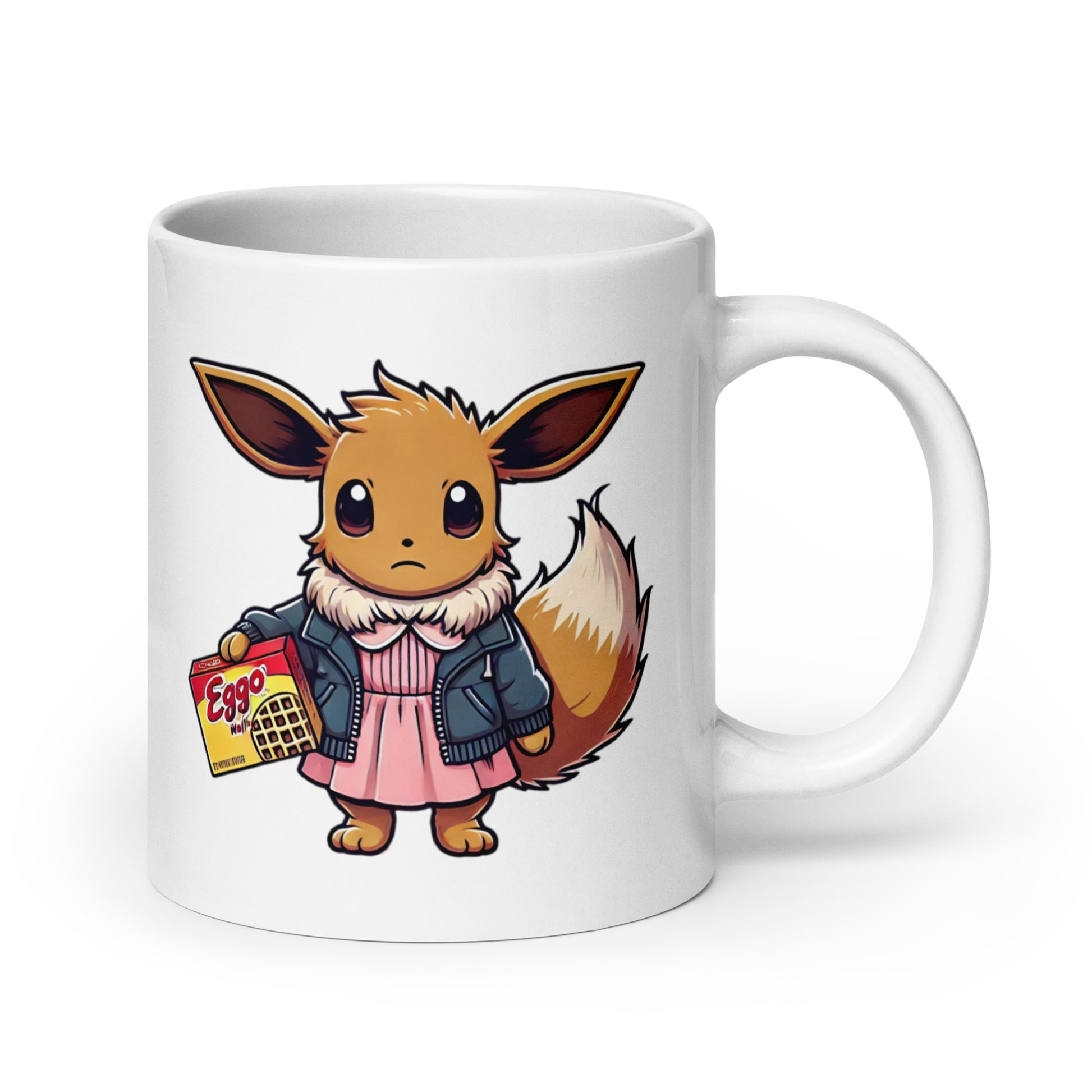 Extra-large Eeveleven Mug (20oz), featuring Eevee transformed into Eleven, proving that sometimes Pokémon evolve, and sometimes they just break the laws of reality, printed on an oversized novelty coffee cup for meme addicts and chaos-loving fans.