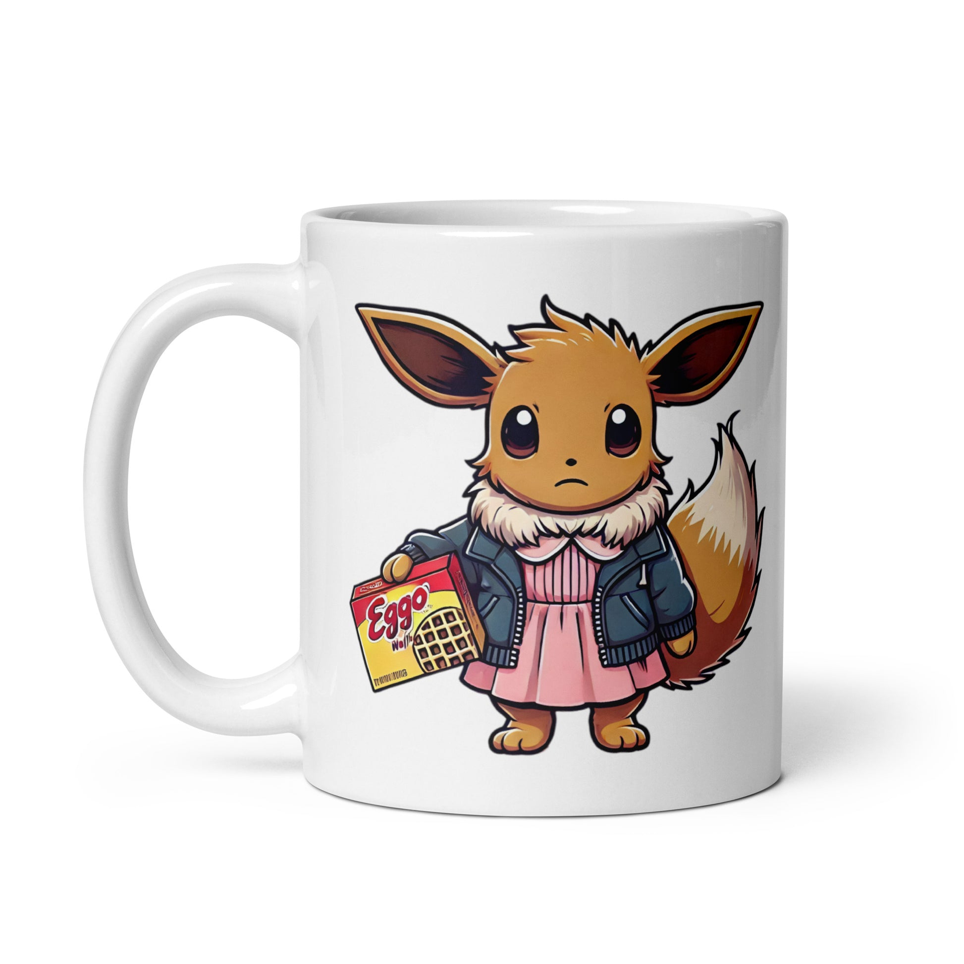 Close-up of the right side of the Eeveleven Mug (11oz), featuring Eevee rocking Eleven’s iconic look, staring you down with telekinetic intensity, printed on a meme-worthy Pokémon x Stranger Things crossover coffee cup.