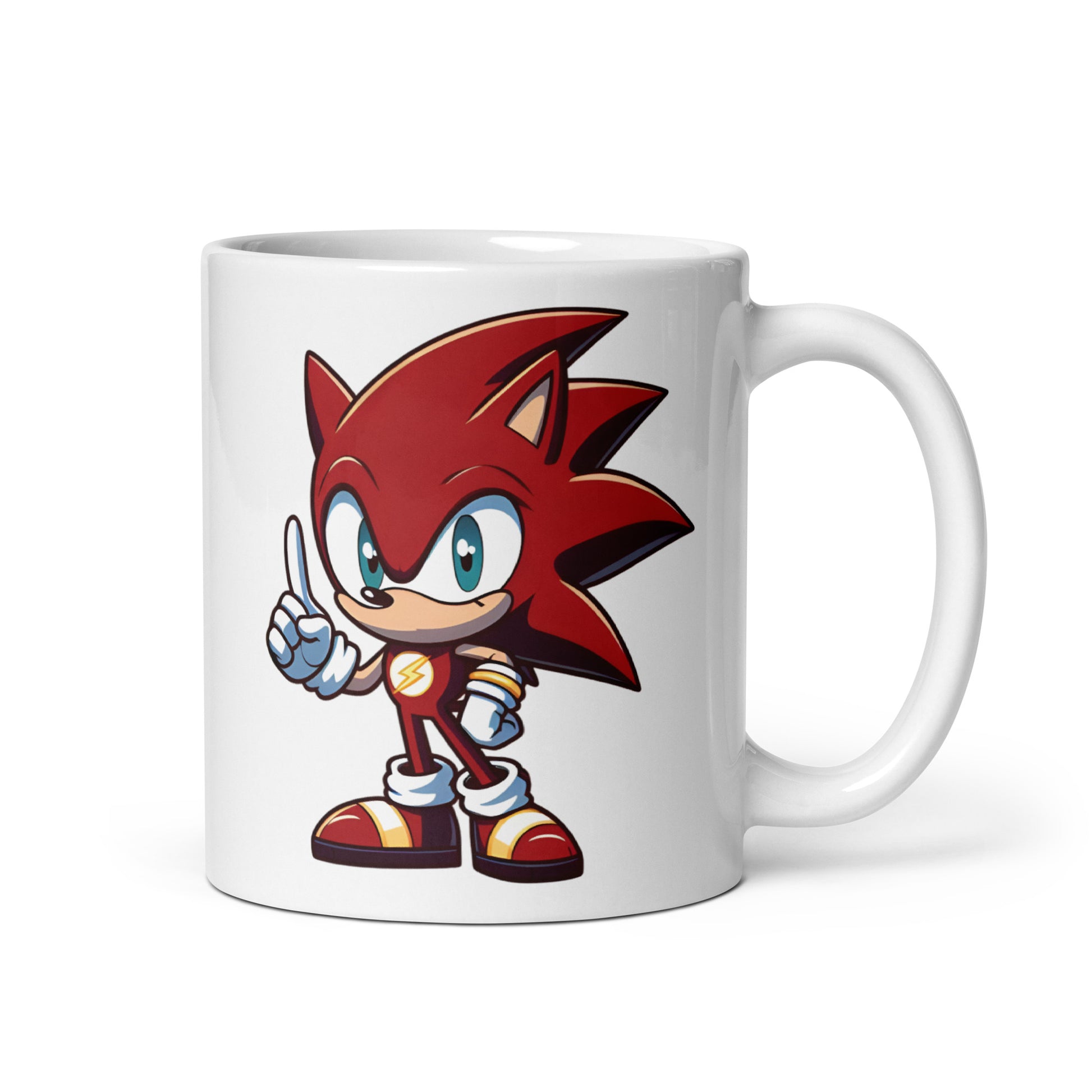 Close-up of the left side of the Flashonic Mashup Mug (11oz), featuring Sonic dressed as The Flash in a red-and-gold speedster costume, blending high-speed hero energy with gaming nostalgia, printed on a high-quality ceramic coffee cup for meme-loving fans.