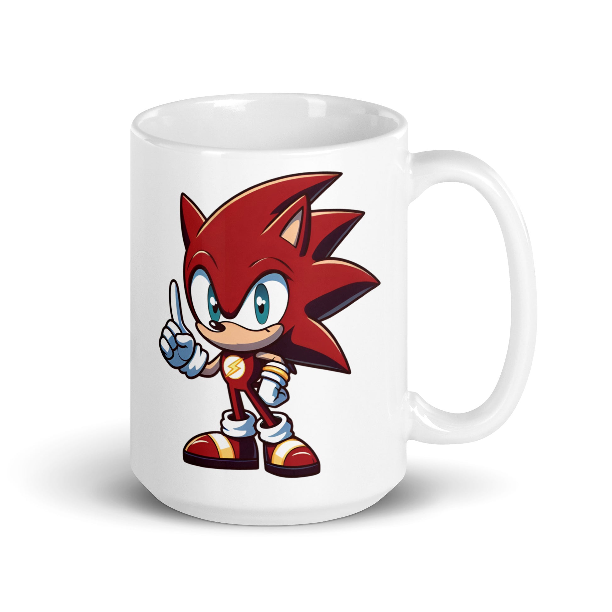 Larger-sized Flashonic Mashup Mug (15oz), featuring Sonic dressed in The Flash’s superhero-style speedster suit, blending comic-book energy with gaming nostalgia in a meme-worthy crossover, printed on high-quality ceramic drinkware for fans who live life in the fast lane.