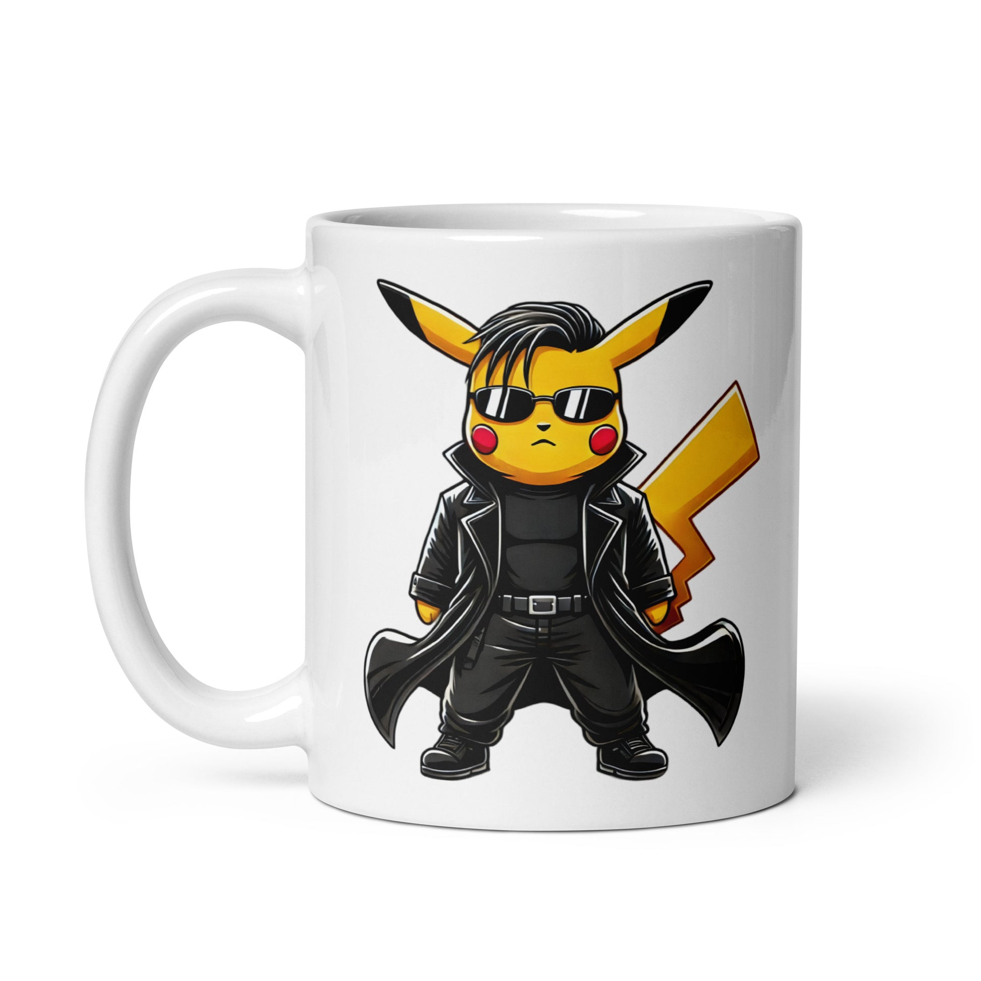 Funny 11oz anime coffee mug with Pikachu dressed as Neo from The Matrix – ceramic mug with handle left