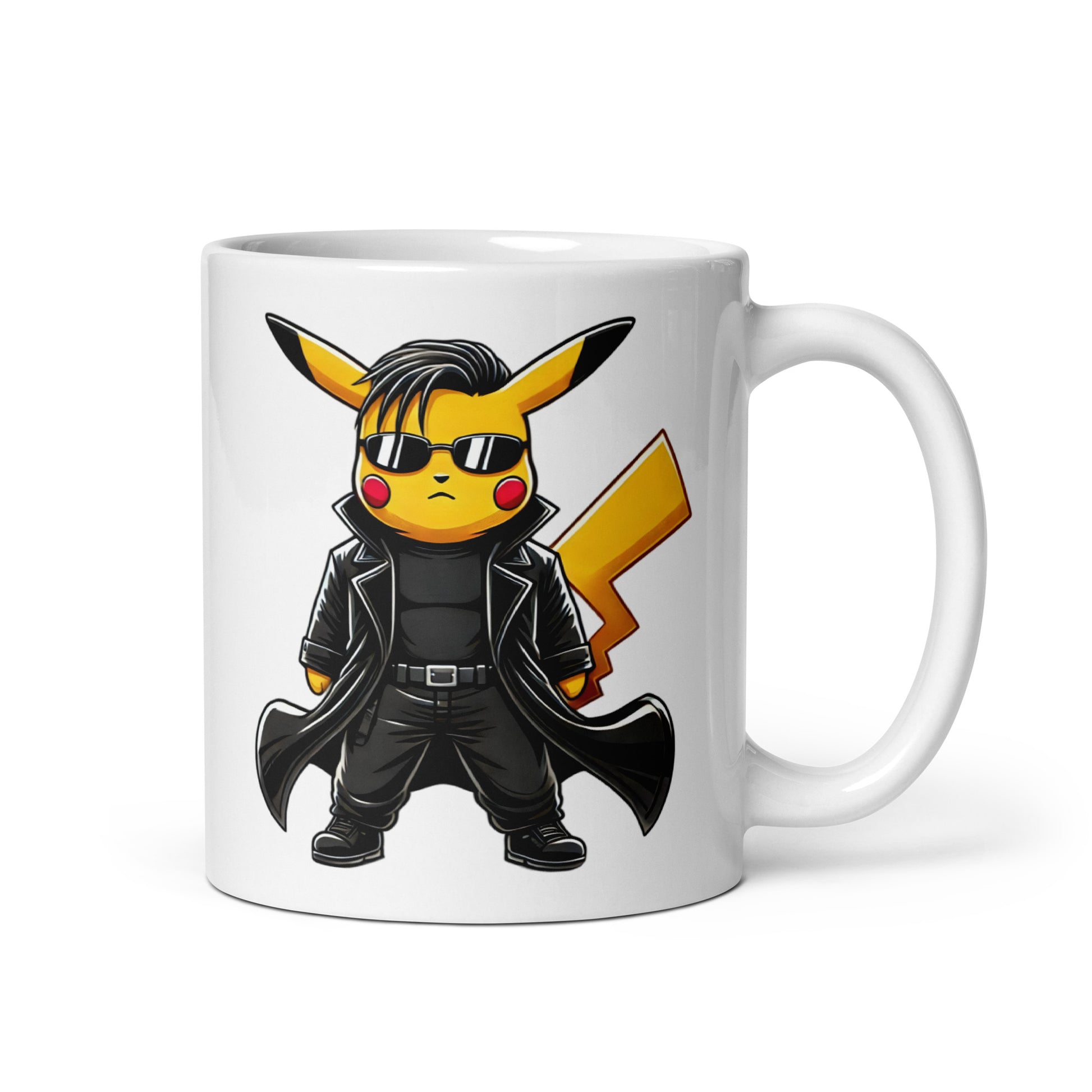 11oz funny Pikachu Neo coffee mug with Matrix-style design, ceramic with handle on right – cool crossover anime mug