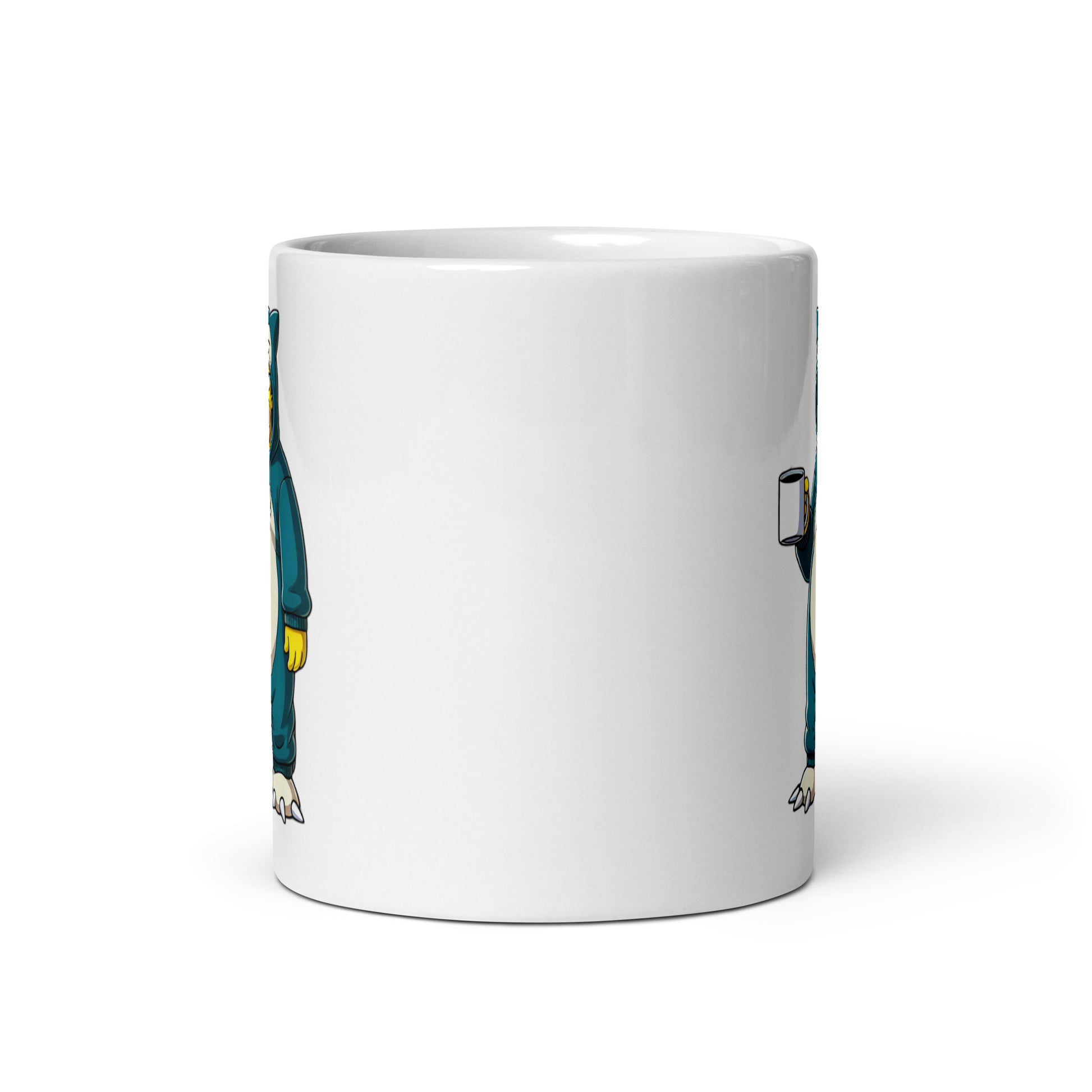Front view of the Homerlax Mug (11oz), featuring Homer Simpson in full Snorlax kigurumi mode, proving that sometimes laziness is the correct lifestyle choice, printed on a novelty coffee cup for lovers of naps and nostalgia.