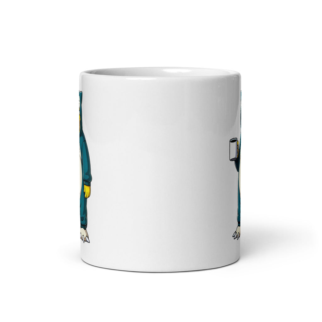 Front view of the Homerlax Mug (11oz), featuring Homer Simpson in full Snorlax kigurumi mode, proving that sometimes laziness is the correct lifestyle choice, printed on a novelty coffee cup for lovers of naps and nostalgia.