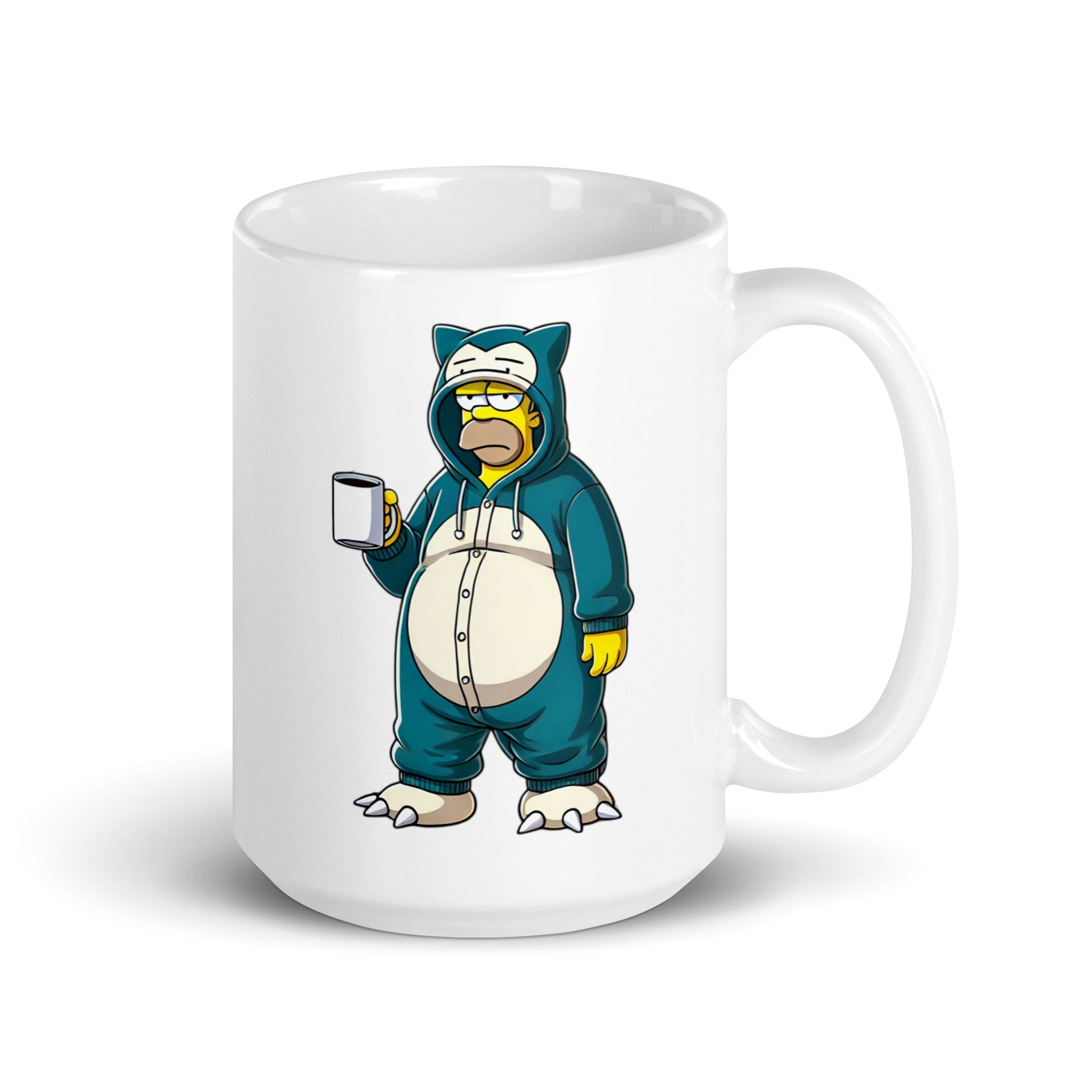 Larger-sized Homerlax Mug (15oz), featuring Homer Simpson dressed as Snorlax, embracing his true spirit Pokémon, printed on high-quality ceramic drinkware for lazy legends.